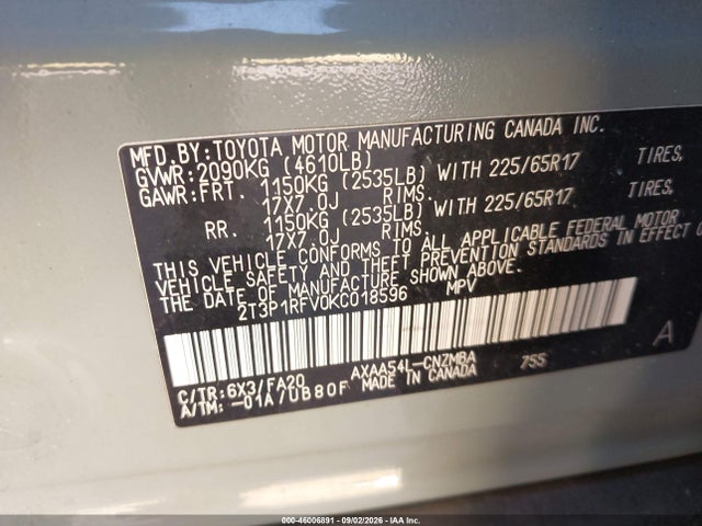 Продажа на аукционе авто 2019 Toyota Rav4 Xle, vin: 2T3P1RFV0KC018596, номер лота: 46006891