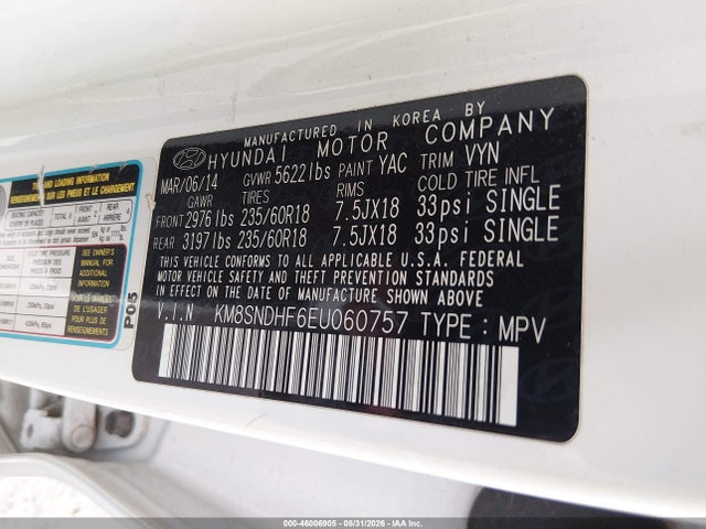 2014 Hyundai Santa Fe Limited მანქანა იყიდება აუქციონზე, vin: KM8SNDHF6EU060757, აუქციონის ნომერი: 46006905