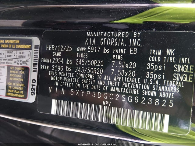 2025 Kia Telluride Ex მანქანა იყიდება აუქციონზე, vin: 5XYP3DGC2SG623825, აუქციონის ნომერი: 46006913