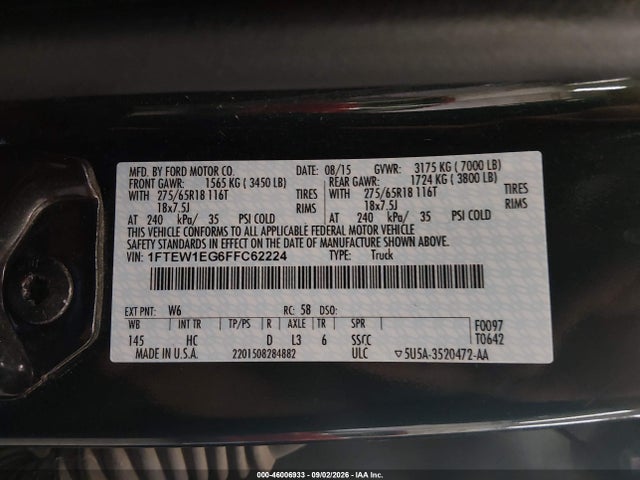 Продажа на аукционе авто 2015 Ford F-150 Lariat, vin: 1FTEW1EG6FFC62224, номер лота: 46006933