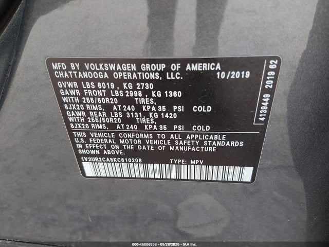 Продажа на аукционе авто 2019 Volkswagen Atlas 3.6l V6 Se W/technology, vin: 1V2UR2CA5KC610208, номер лота: 46006938