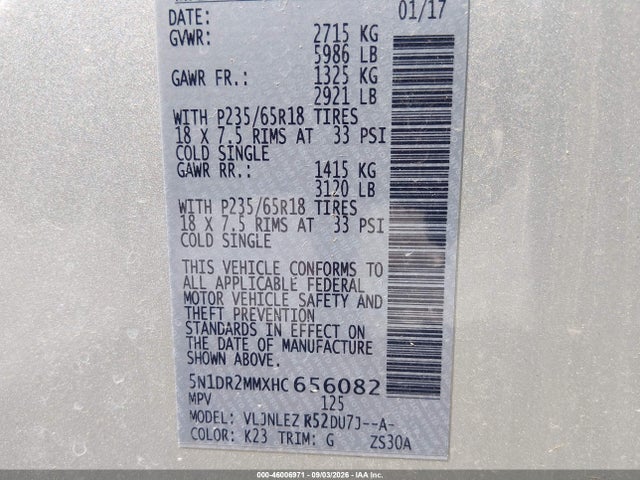 Продажа на аукционе авто 2017 Nissan Pathfinder Sv, vin: 5N1DR2MMXHC656082, номер лота: 46006971