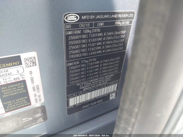 46006975 :رقم المزاد ، SALWR2RV9JA413923 vin ، 2018 Land Rover Range Rover Sport Hse مزاد بيع