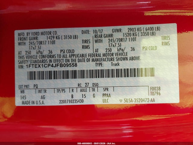46006983 :رقم المزاد ، 1FTEX1CP4JFB09558 vin ، 2018 Ford F-150 Xl مزاد بيع