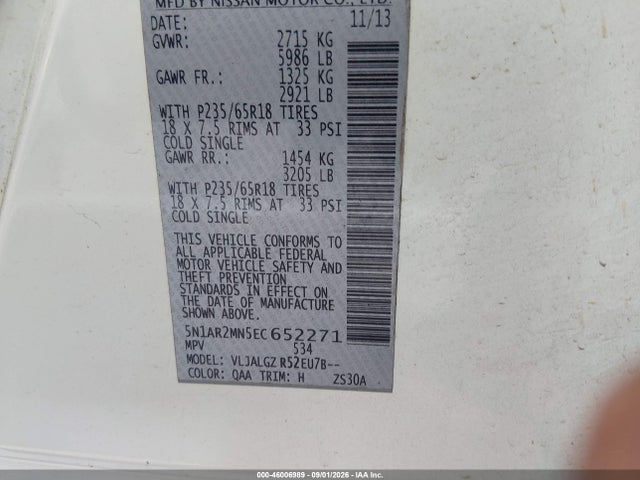 Продаж на аукціоні авто 2014 Nissan Pathfinder Sl, vin: 5N1AR2MN5EC652271, номер лоту: 46006989