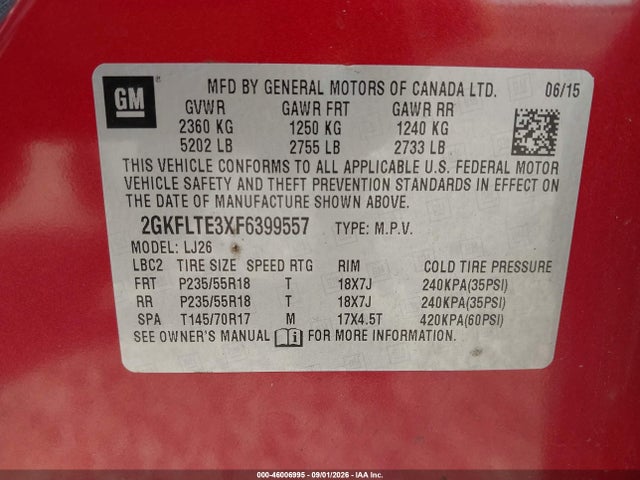 Продаж на аукціоні авто 2015 Gmc Terrain Slt-2, vin: 2GKFLTE3XF6399557, номер лоту: 46006995