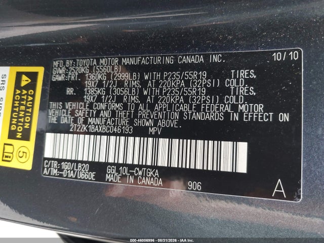 Aukcja sprzedaży 2011 Lexus Rx 350, vin: 2T2ZK1BAXBC046193, numer aukcji: 46006996