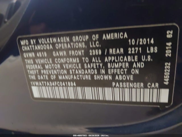 Auction sale of the 2015 Volkswagen Passat 1.8t Wolfsburg Edition, vin: 1VWAT7A34FC041894, lot number: 46007003