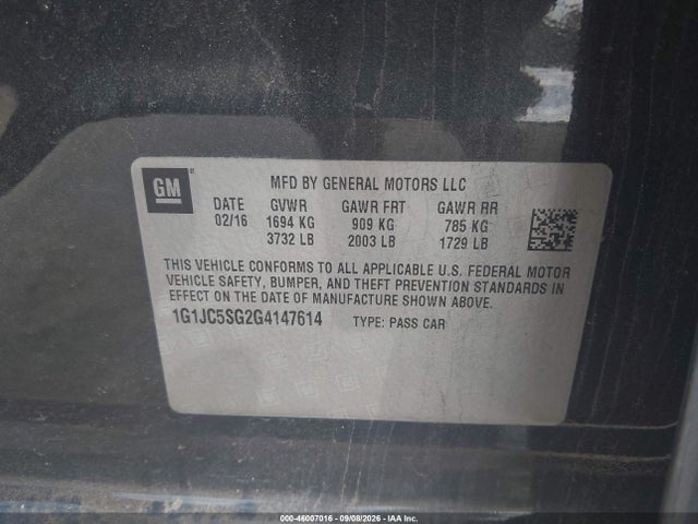 46007016 :رقم المزاد ، 1G1JC5SG2G4147614 vin ، 2016 Chevrolet Sonic Lt Auto مزاد بيع