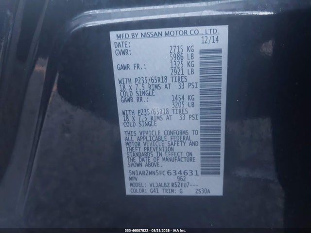 Продаж на аукціоні авто 2015 Nissan Pathfinder S, vin: 5N1AR2MN5FC634631, номер лоту: 46007022