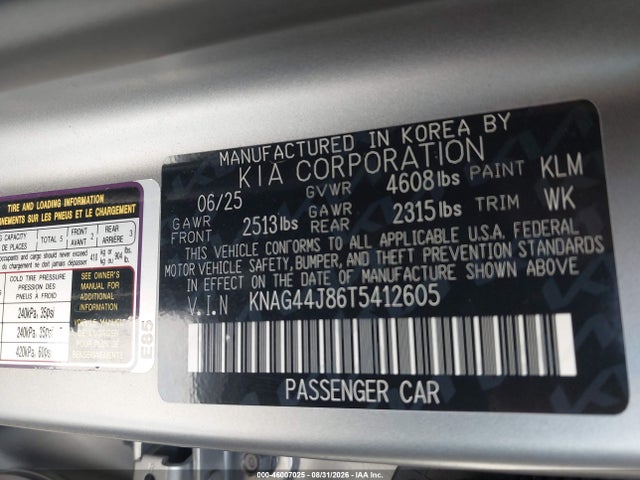 Продажа на аукционе авто 2026 Kia K5 Gt, vin: KNAG44J86T5412605, номер лота: 46007025