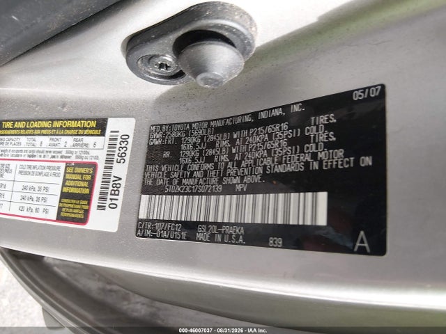 2007 Toyota Sienna Le მანქანა იყიდება აუქციონზე, vin: 5TDZK23C17S072139, აუქციონის ნომერი: 46007037