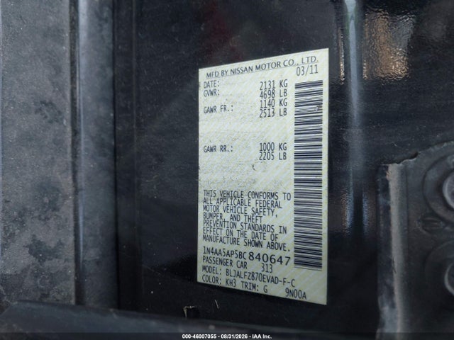 2011 Nissan Maxima 3.5 Sv მანქანა იყიდება აუქციონზე, vin: 1N4AA5AP5BC840647, აუქციონის ნომერი: 46007055