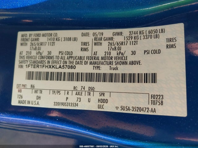 Продажа на аукционе авто 2019 Ford Ranger Lariat, vin: 1FTER1FHXKLA57080, номер лота: 46007061