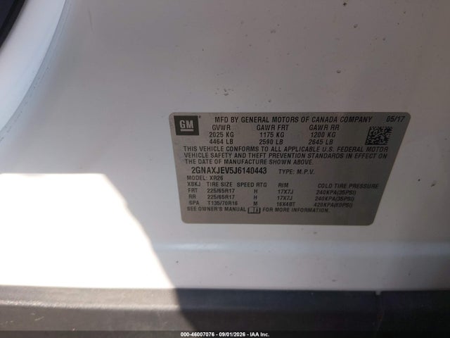 Auction sale of the 2018 Chevrolet Equinox Lt, vin: 2GNAXJEV5J6140443, lot number: 46007076