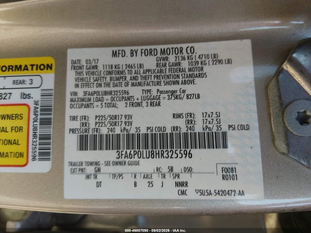 Aukcja sprzedaży 2017 Ford Fusion Hybrid Se, vin: 3FA6P0LU8HR325596, numer aukcji: 46007090
