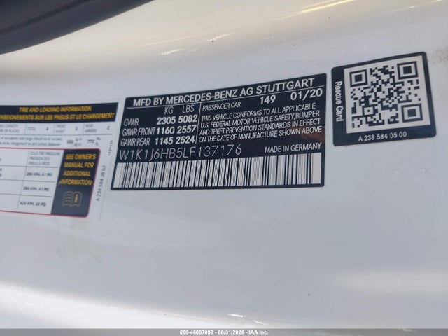 2020 Mercedes-benz E 450 მანქანა იყიდება აუქციონზე, vin: W1K1J6HB5LF137176, აუქციონის ნომერი: 46007092