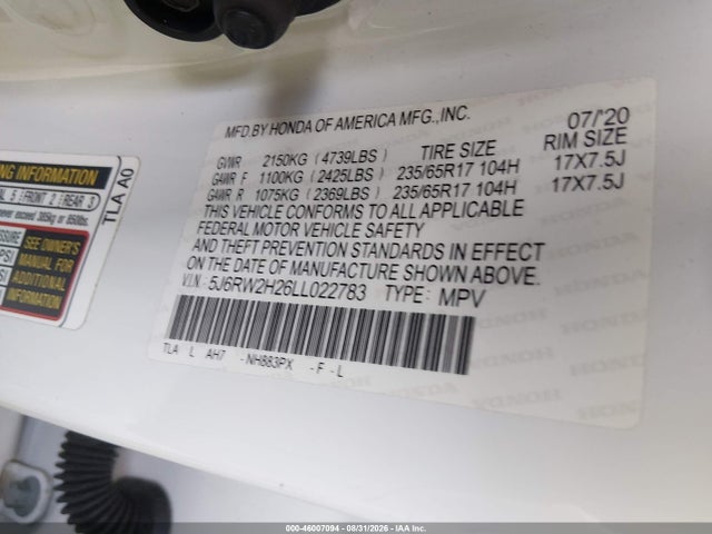 46007094 :رقم المزاد ، 5J6RW2H26LL022783 vin ، 2020 Honda Cr-v Awd Lx مزاد بيع