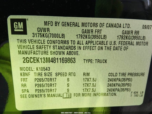 Продаж на аукціоні авто 2008 Chevrolet Silverado 1500 Ltz, vin: 2GCEK13M481169863, номер лоту: 46007097