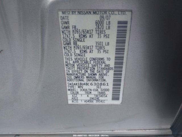 Продажа на аукционе авто 2008 Nissan Pathfinder Se, vin: 5N1AR18U48C630861, номер лота: 46007103