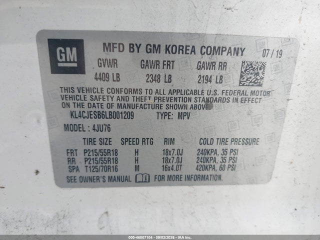 Aukcja sprzedaży 2020 Buick Encore Awd Preferred, vin: KL4CJESB6LB001209, numer aukcji: 46007104
