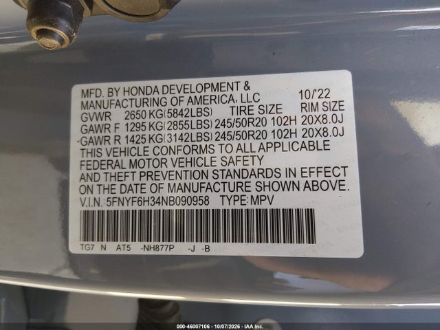 Honda Pilot Awd Sport 2022 5FNYF6H34NB090958 Image 9