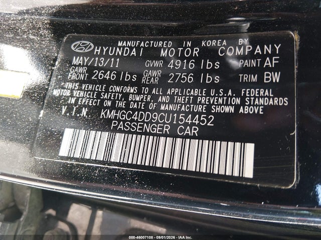 Продажа на аукционе авто 2012 Hyundai Genesis 3.8, vin: KMHGC4DD9CU154452, номер лота: 46007108