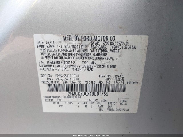 2012 Ford Flex Limited მანქანა იყიდება აუქციონზე, vin: 2FMGK5DCXCBD01755, აუქციონის ნომერი: 46007110