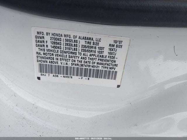 Aukcja sprzedaży 2007 Honda Odyssey Ex-l, vin: 5FNRL38747B145121, numer aukcji: 46007113
