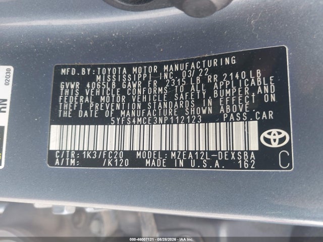 Продажа на аукционе авто 2022 Toyota Corolla Se, vin: 5YFS4MCE3NP112123, номер лота: 46007121