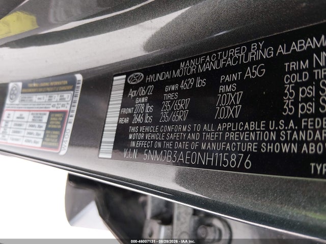Продажа на аукционе авто 2022 Hyundai Tucson Sel, vin: 5NMJB3AE0NH115876, номер лота: 46007131