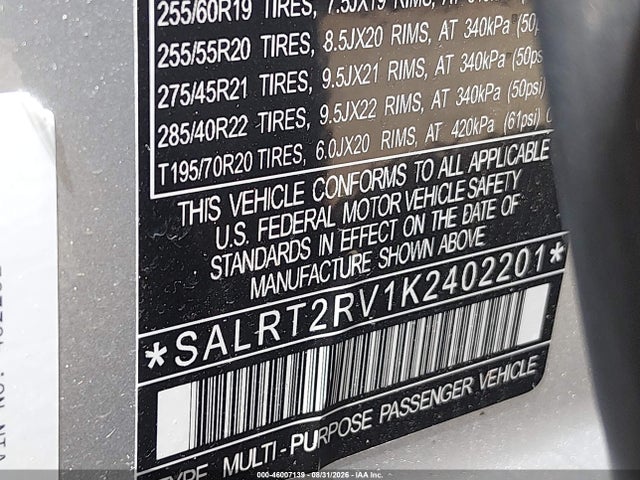 Продаж на аукціоні авто 2019 Land Rover Discovery Hse Luxury, vin: SALRT2RV1K2402201, номер лоту: 46007139