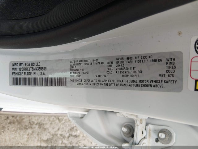 Продажа на аукционе авто 2022 Ram 1500 Laramie  4x2 5'7 Box, vin: 1C6RREJT8NN355809, номер лота: 46007141