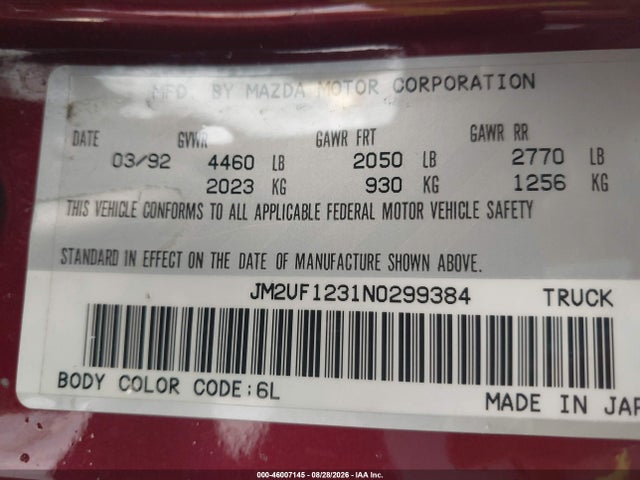 Продаж на аукціоні авто 1992 Mazda B2200 Short Bed, vin: JM2UF1231N0299384, номер лоту: 46007145