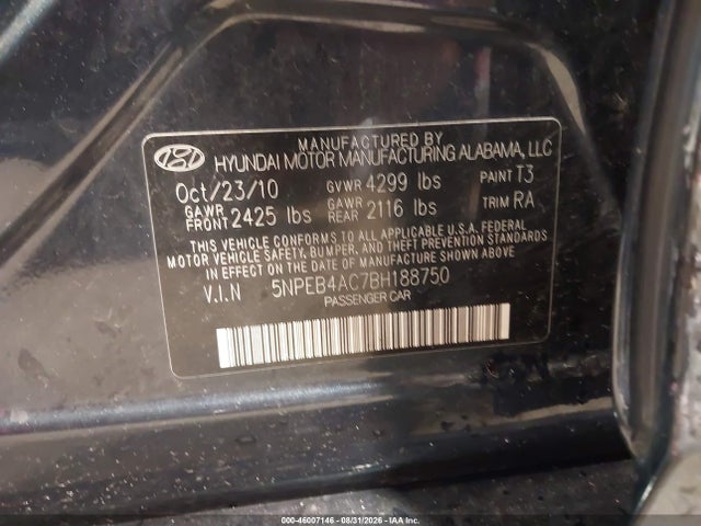 Продажа на аукционе авто 2011 Hyundai Sonata Gls, vin: 5NPEB4AC7BH188750, номер лота: 46007146