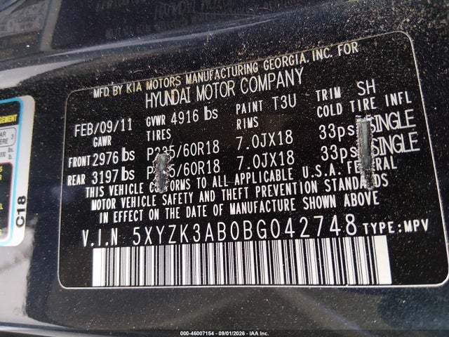 2011 Hyundai Santa Fe Limited მანქანა იყიდება აუქციონზე, vin: 5XYZK3AB0BG042748, აუქციონის ნომერი: 46007154