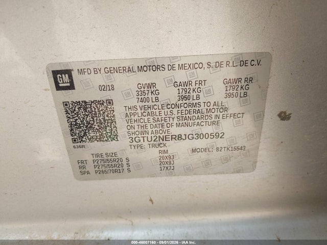 46007160 :رقم المزاد ، 3GTU2NER8JG300592 vin ، 2018 Gmc Sierra 1500 Slt مزاد بيع