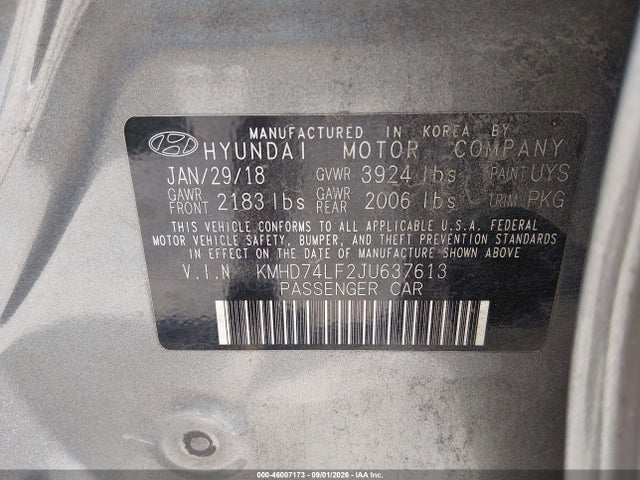 2018 Hyundai Elantra Se მანქანა იყიდება აუქციონზე, vin: KMHD74LF2JU637613, აუქციონის ნომერი: 46007173