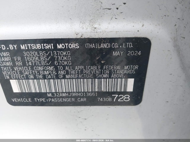 2024 Mitsubishi Mirage Black Edition/ralliart/se მანქანა იყიდება აუქციონზე, vin: ML32AWHJ9RH013661, აუქციონის ნომერი: 46007174