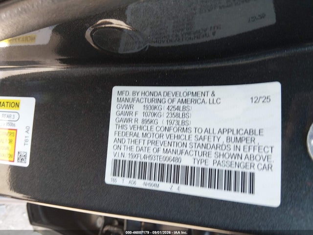 Aukcja sprzedaży 2026 Honda Civic Hybrid Sport Touring, vin: 19XFL4H93TE006480, numer aukcji: 46007179