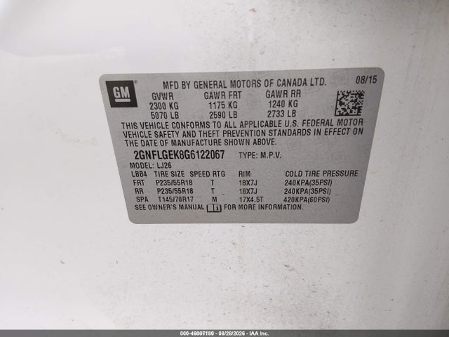 Aukcja sprzedaży 2016 Chevrolet Equinox Ltz, vin: 2GNFLGEK8G6122067, numer aukcji: 46007180
