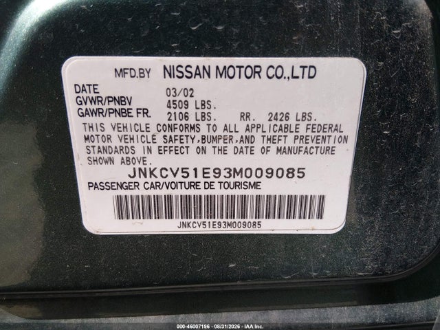 46007196 :رقم المزاد ، JNKCV51E93M009085 vin ، 2003 Infiniti G35 Base W/6 Speed Manual مزاد بيع