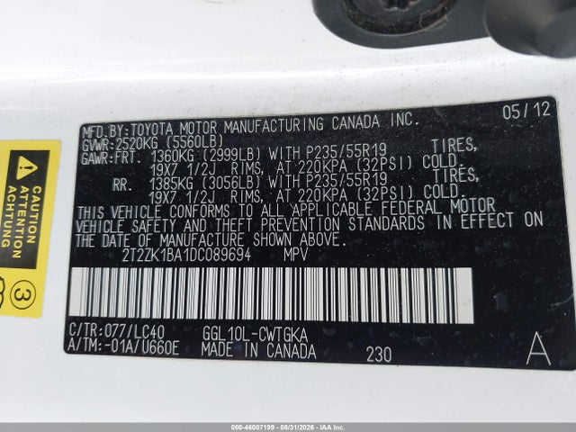 Aukcja sprzedaży 2013 Lexus Rx 350, vin: 2T2ZK1BA1DC089694, numer aukcji: 46007199