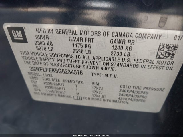 Aukcja sprzedaży 2016 Chevrolet Equinox Lt, vin: 2GNFLFEK5G6234576, numer aukcji: 46007207