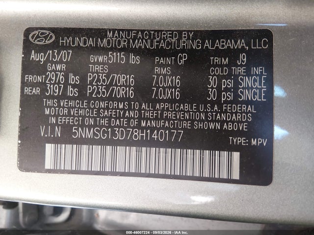 46007224 :رقم المزاد ، 5NMSG13D78H140177 vin ، 2008 Hyundai Santa Fe Gls مزاد بيع