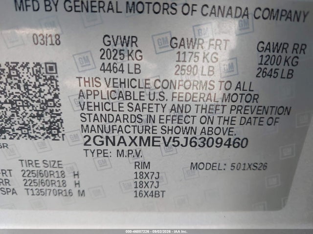 Продажа на аукционе авто 2018 Chevrolet Equinox Premier, vin: 2GNAXMEV5J6309460, номер лота: 46007226