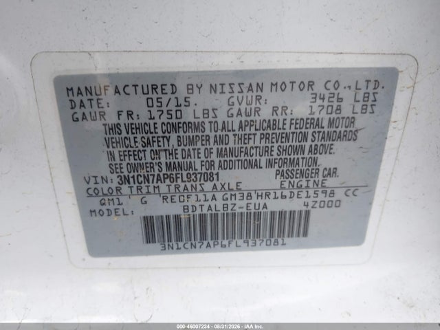 Aukcja sprzedaży 2015 Nissan Versa 1.6 Sv, vin: 3N1CN7AP6FL937081, numer aukcji: 46007234