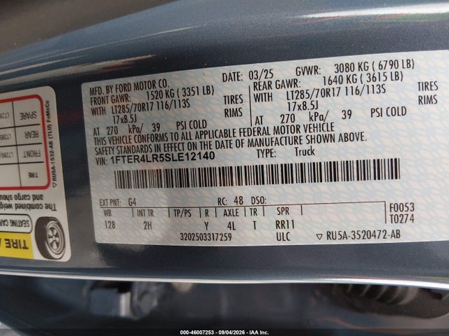 Продаж на аукціоні авто 2025 Ford Ranger Raptor, vin: 1FTER4LR5SLE12140, номер лоту: 46007253