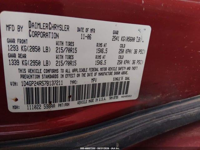 46007255 :رقم المزاد ، 1D4GP24R57B137211 vin ، 2007 Dodge Grand Caravan Se مزاد بيع