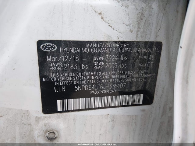 2018 Hyundai Elantra Sel მანქანა იყიდება აუქციონზე, vin: 5NPD84LF6JH335107, აუქციონის ნომერი: 46007258